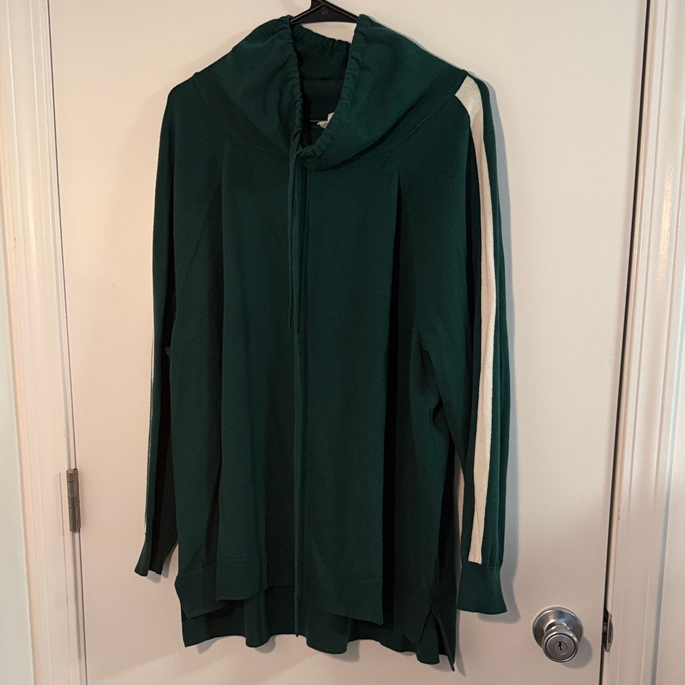 LANE BRYANT Cowl Neck Sweater with White Stripe, Green, 26/28